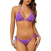 Oneheekini Women Sexy Sparkle Glitter Swimwear Shiny Crystal Rhinestones Thong Bikini Sets Tie Side Bathing Suits