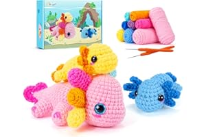 AUSPICIOUS BEGINNING Crochet Kit for Beginners-3PCS Axolotl Crochet Kits for Adults Kids, Crochet Starter Kit with Step-by-Step Video Tutorials, Crochet Animals Kits DIY Craft Knitting Kit Learn to Crochet Kits for Adults