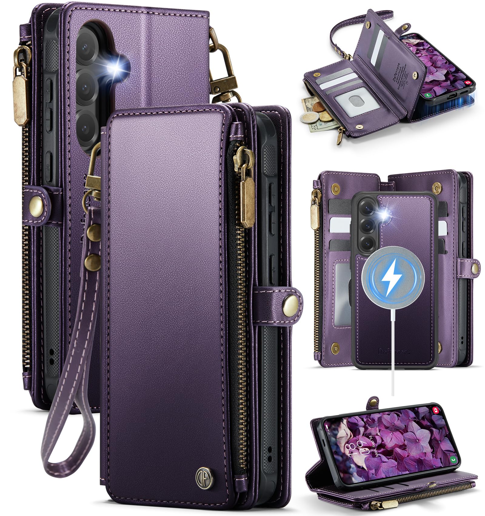 Photo 1 of Defencase for Galaxy S25 Magnetic Wallet Case Compatible with Magsafe with RFID Blocking Zipper & Card Holder for Women Men, PU Leather Detachable Phone Case for Samsung Galaxy S25 6.2 inches, Purple