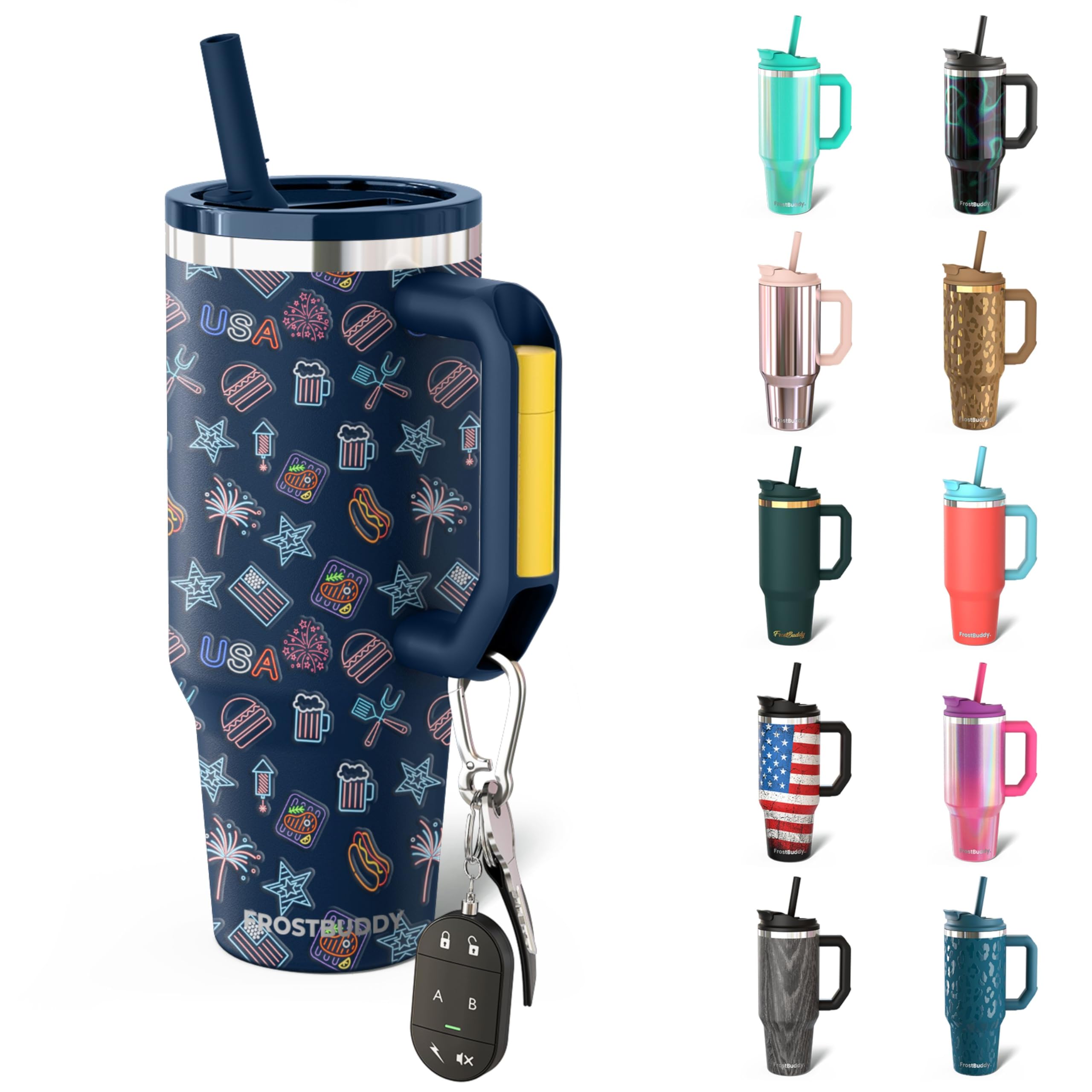 Photo 1 of Frost Buddy Thicc Buddy - 40 oz Stainless Steel Vacuum Insulated Tumbler with Lid and Straw for Water - Travel Mug Cupholder Friendly - Gifts for Women Men Him Her (Neon USA)
