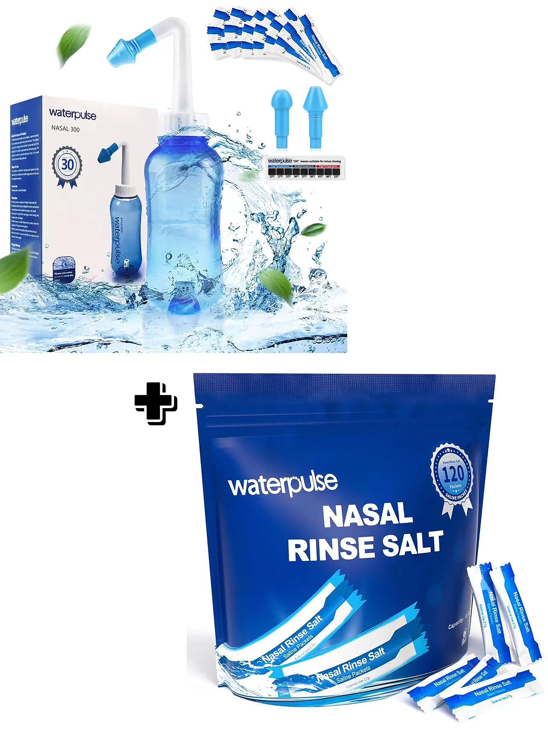 Waterpulse Neti Pot Sinus Rinse Bottle 300ml with 30 Nasal Wash Salt Packets and 120 Saline Packets Sinus Rinse Packets for Neti Pots