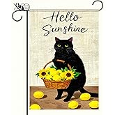 BlissYard Hello Sunshine Garden Flag 12x18 Inches Black Cat Lemon Sunflower Welcome Garden Flags Decorative Small Yard Flag for Lawn Patio Outdoor Outside Deco Spring Summer Decoration