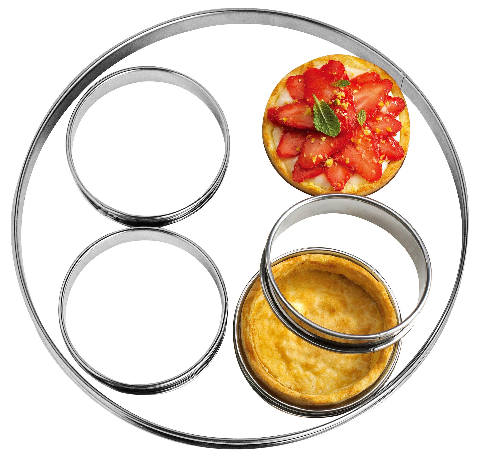 NewlineNY Stainless Steel 5 Pcs Circular Double Rolled Edges Tart Rings, Molding, Plating, Set of 5 : 1 x (28cm 11") + 4 x (10cm 4") x (2.2cm 0.85" H)