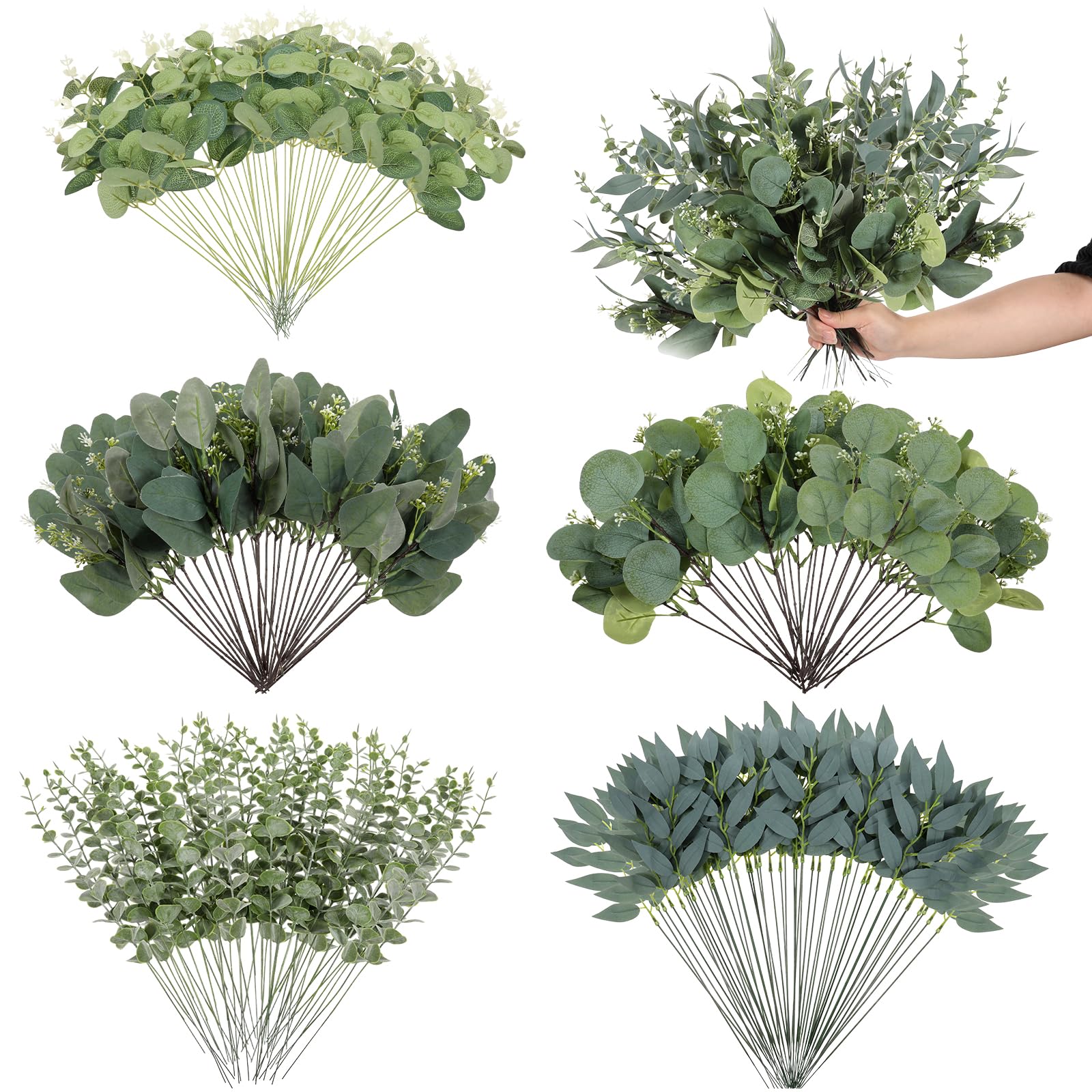 Photo 1 of 120 Pcs 5 Kinds Mixed Eucalyptus Leaves Stems Bulk, Artificial Eucalyptus Stems Fake Silver Dollar Leaves Picks Faux Plants Greenery for Wedding, Engagement, Home, DIY Bouquet Floral Arrangement