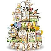 Amyhill 24 Pcs Easter Tiered Tray Decor Spring Wooden Bunny Gnome Flower Block Farmhouse Mini Signs He is Risen Easter Decor for Home Table Kitchen Shelf