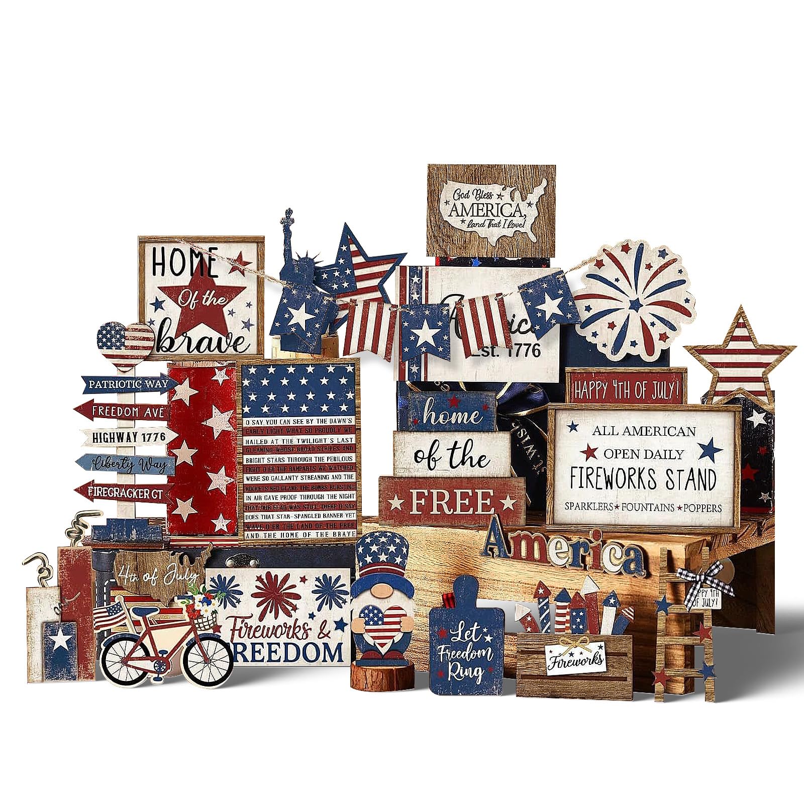 Photo 1 of 25 Pcs 4th of July Tiered Tray Decor, Memorial Day Wooden Decoration Set, Rustic Table Top Patriotic Centerpiece for Home Farmhouse Kitchen Decoration (Retro ver)
