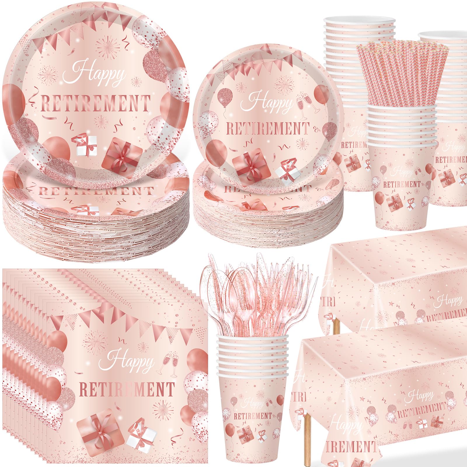 Photo 1 of Funnymoom 452 Pcs Retirement Party Decorations for Women, Rose Gold Happy Retirement Paper Plates Napkins Cups Tablecloth Cutlery Straws for Women Say Goodbye Party Supplies, Serves 50 Guests