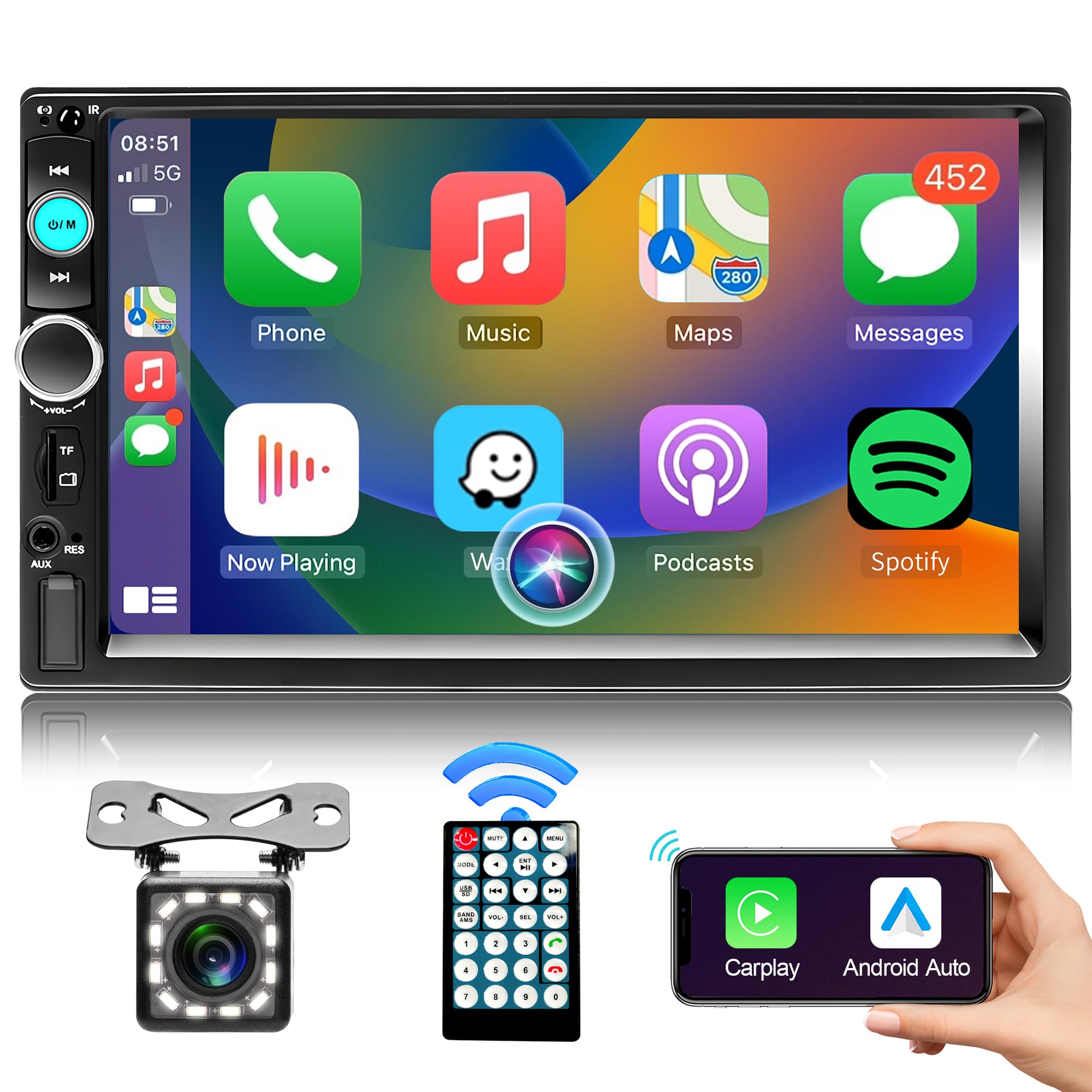 Podofo Double Din Car Stereo with CarPlay Android Auto, 7 Inch HD Touch Screen Bluetooth Radio Car Audio with Backup Camera, Voice Control, FM Radio, Mirror Link, USB Playback/Charging