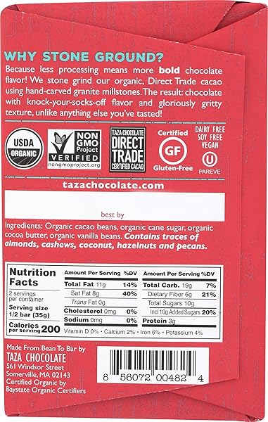 TAZA CHOCOLATES ORGANIC DARK CHOCOLATE BAR 70%, 2.5 OZ