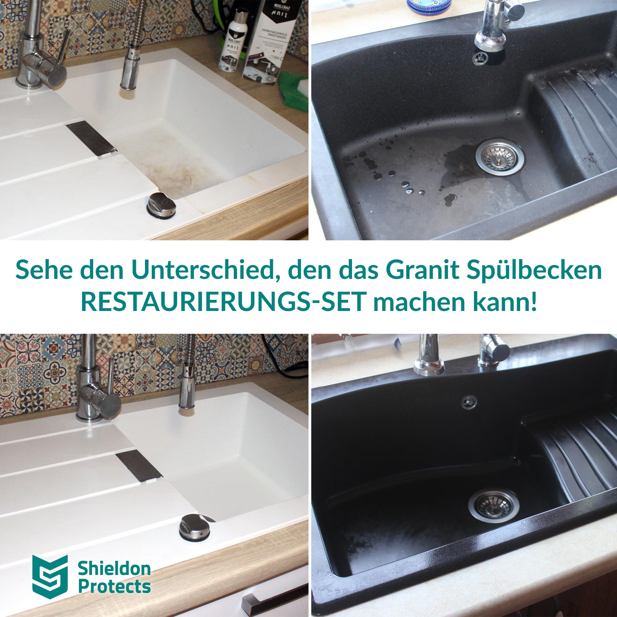 Shieldon Protects Sink Restorer Spüle Imprägnierung und Reinigung Set - Drei Reiniger für Küche Spüle + 2x Schwamm und Mikrofasertuch - Granit, Blanco, Silgranit Reiniger für Granitspüle 7