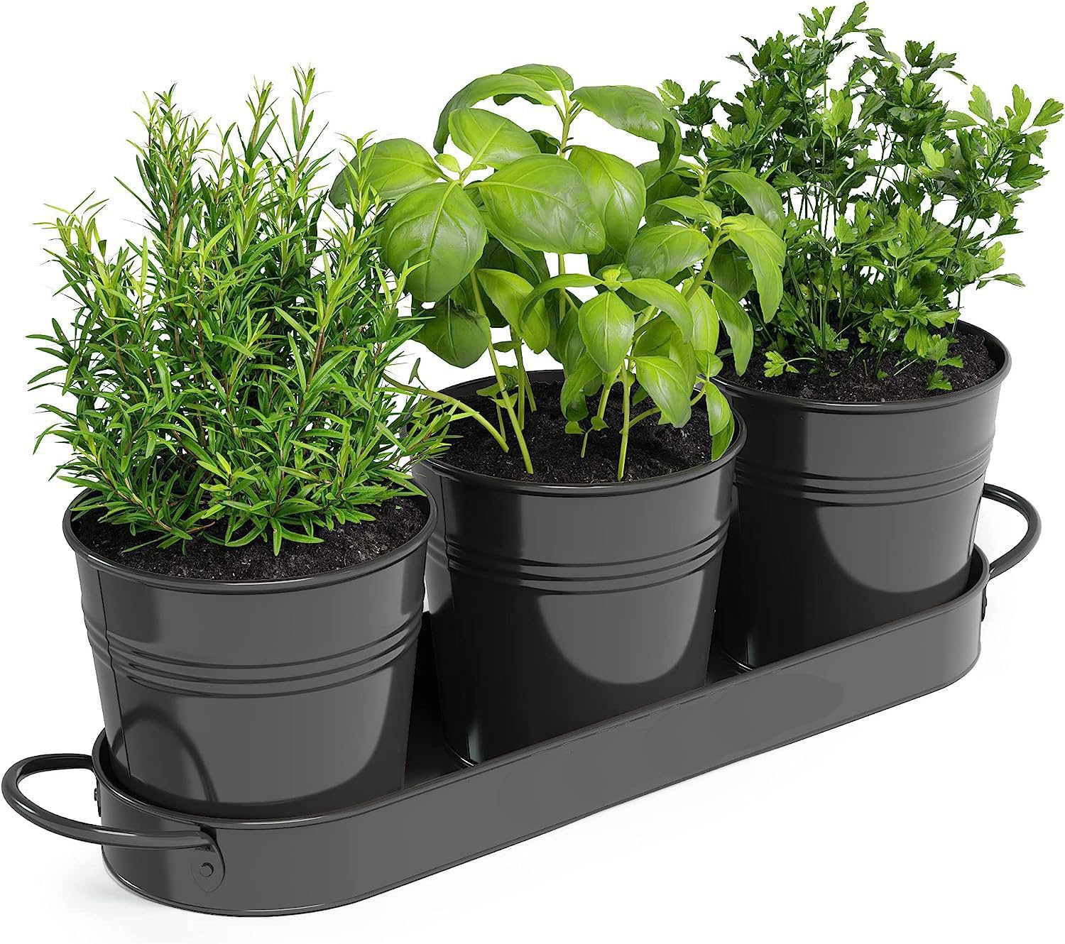 BSTMOME Herb Pot Planter Set with Tray for Indoor/Outdoor Use, Decorative Metal Succulent Pots Flower Pots for Kitchen Grow (Black)
