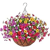 INXUGAO Artificial Silk Flowers Hanging Baskets Outdoors Indoors, Daisy with Eucalyptus Leaves Arrangement for Garden Yard Spring Summer Decor Faux Green Plant Metal Coconut Lining
