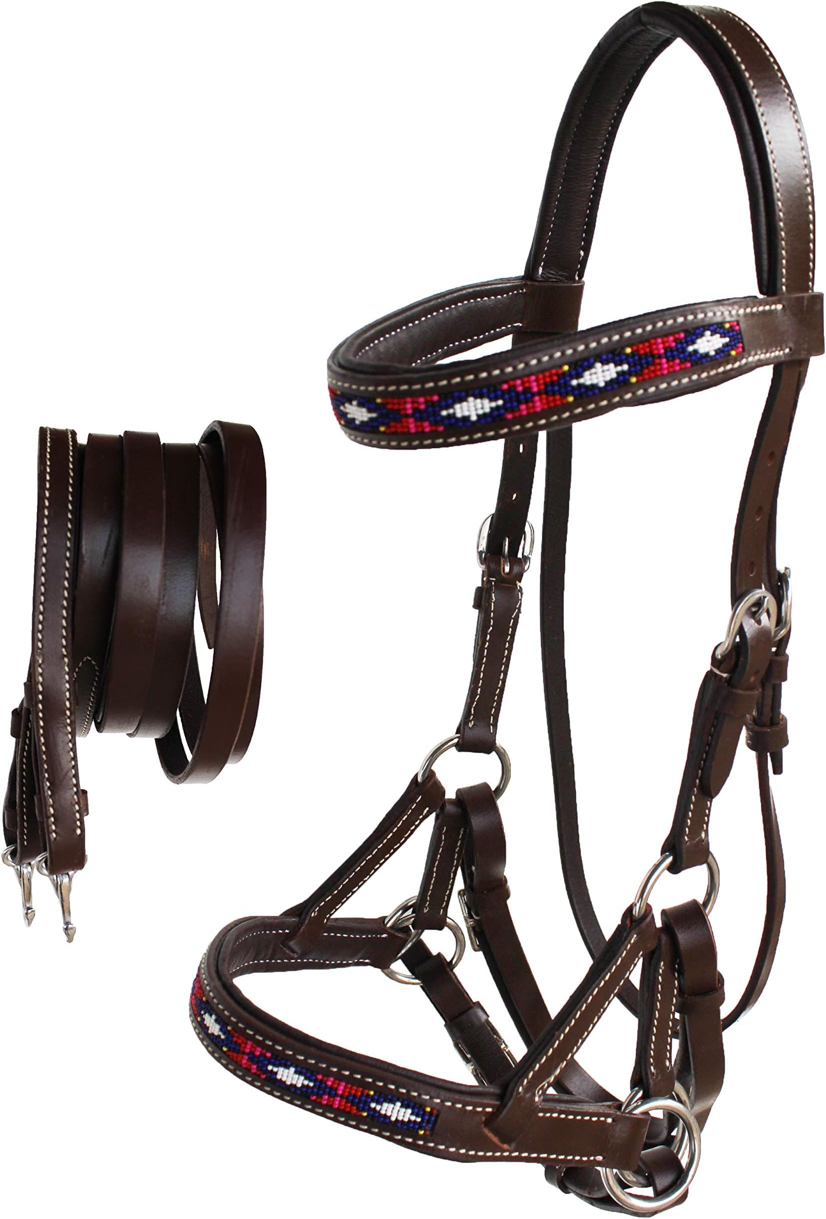 CHALLENGER Horse Western Leather Tack Padded Beaded Bitless Sidepull Bridle Brown 77RT08BR-F