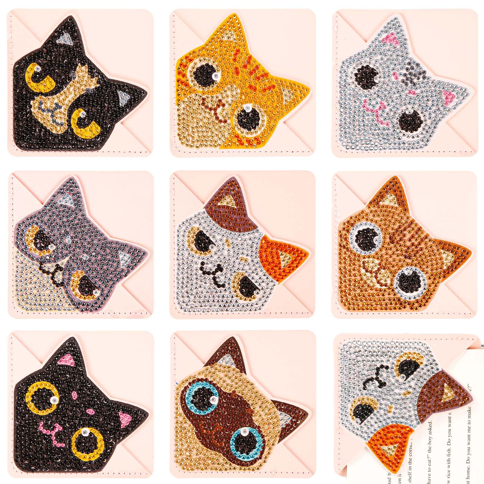 SAVITA 8pcs DIY Diamond Art Bookmarks, PU Leather Triangle Bookmarks Kit for Book Lovers (Cat Pattern)