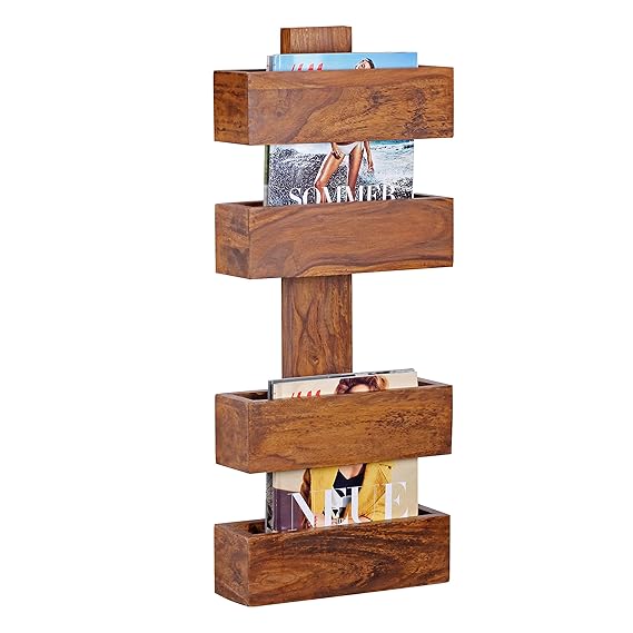 FineBuy Zeitungsständer Massivholz Sheesham 2 Ablagefächer Zeitschriften-Ständer Design Prospekt-Halter Landhaus-Stil Holz-Re