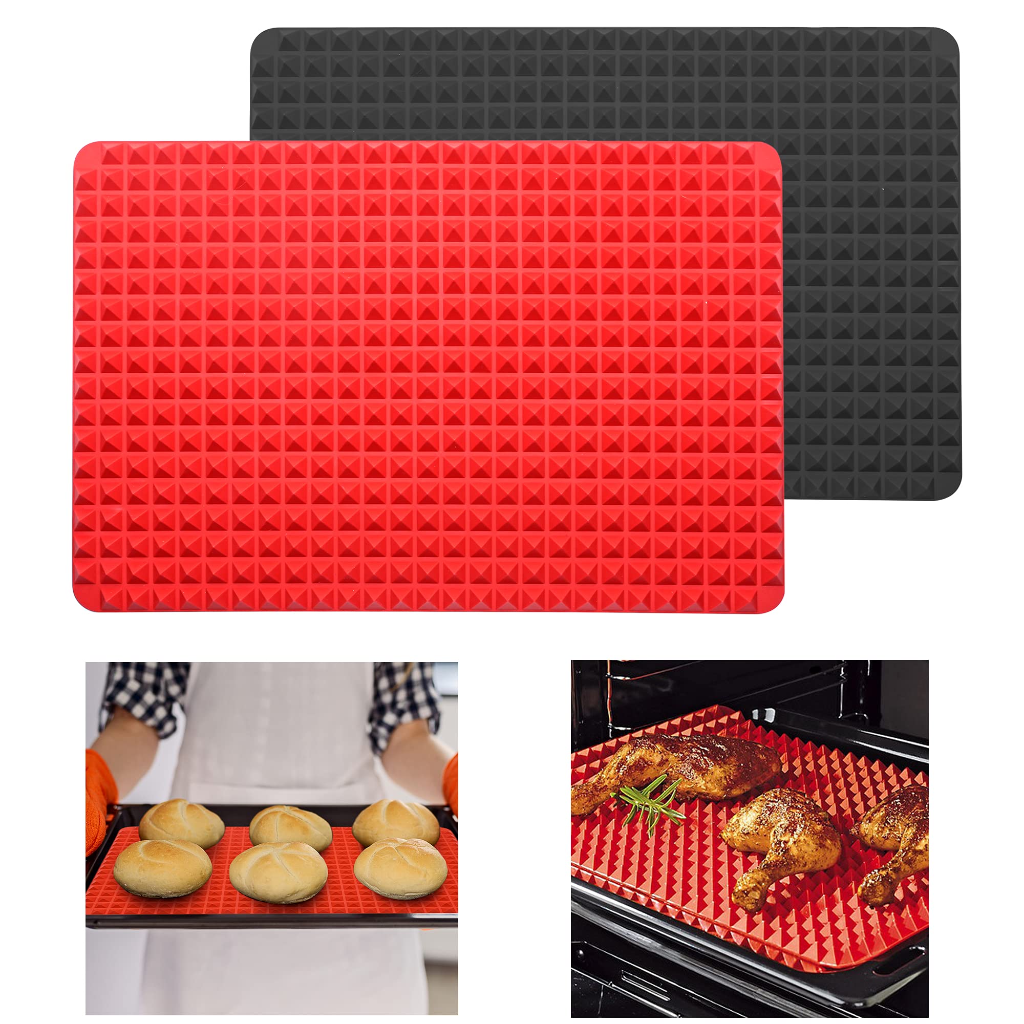 2pcs Diamond Chef Silicone Baking Pan, 15.3 x 10.6Inch Multifunctional Outdoor BBQ Pyramid Mat Tray Mould Sheets Fat Reducing Cooking Heat Resistant Non-Slip Reusable Bakeware Baking Mats
