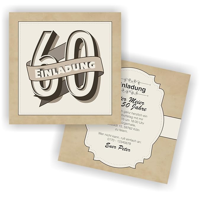 Einladung RETRO 148x148mm l Einladungskarten zum 60. Geburtstag (30 Stück)