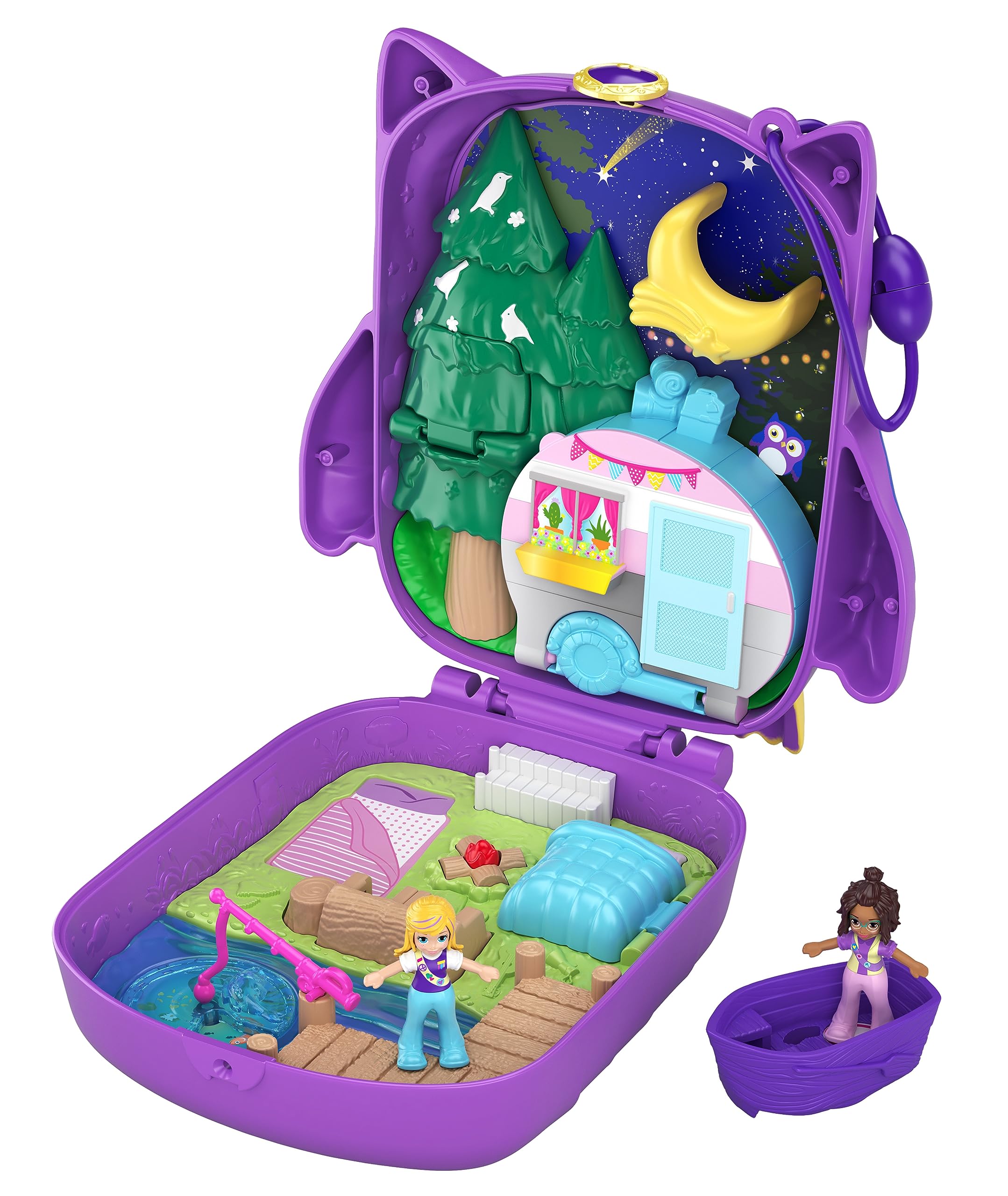 Polly Pocket Pocket World Owlnite Campsite Compact with Fun Reveals, Micro Polly and Shani Dolls, Boat and Sticker Sheet; For Ages 4 and Up, GKJ47