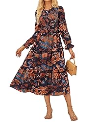 Casual Dresses for Women Fall Floral Smocked Midi