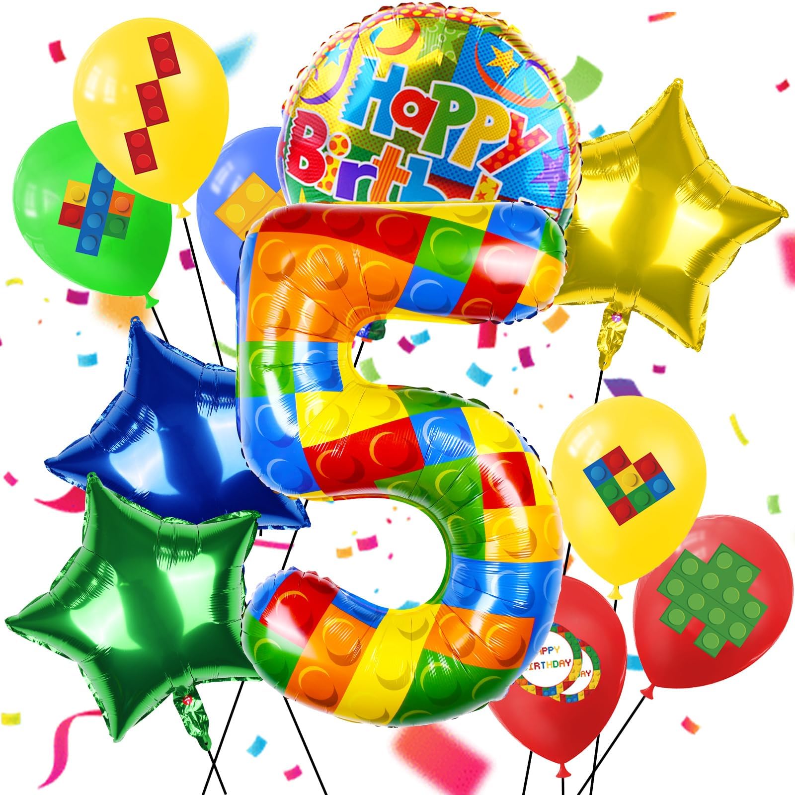 40 Inch Building Block Number Balloon, Colorful Number Block Foil Number 5 Balloons Large Big Numbers Helium Balloon for Girls Boys 5th Birthday Brick Theme Party Decorations (Number 5)