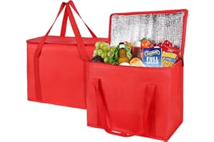 MUSBUS 2-Pack XL-Large Insulated Grocery Shopping Bags, Red, Reusable, Heavy Duty, Zipped Zipper,Collapsible,Tote,Cooler,Groceries,for car,Recycled Material Warm Foldable Bag…