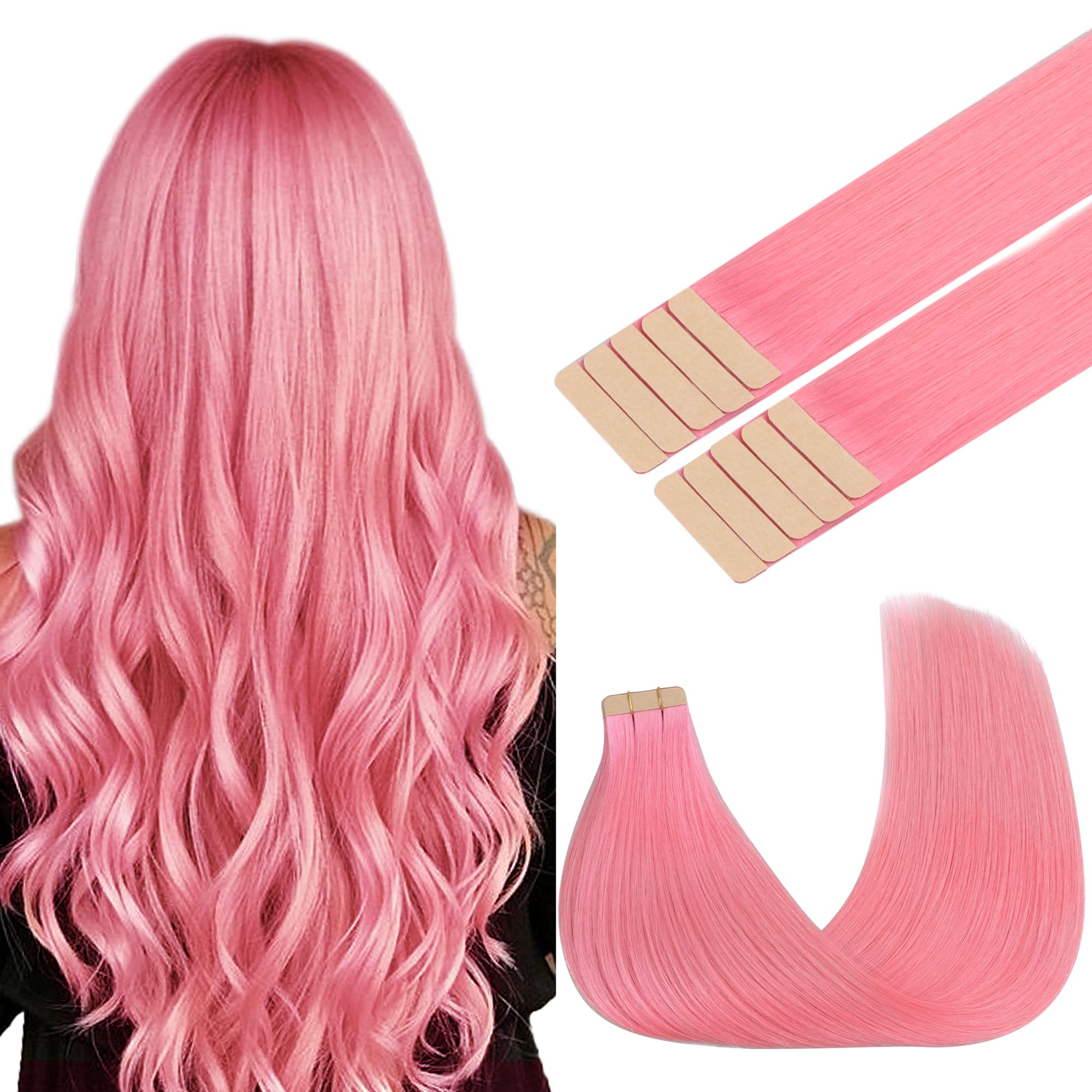 GOO GOO Tape in Hair Extensions Human Hair, Peach Pink 10pcs 25g 18inch, Colored Tape ins Human Hair Extensions, Silky&Soft Invisible Tape Ins, Straight Remy Hair Highlighted for Party โ image 1