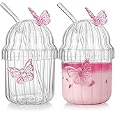 Foraineam Glass Cups with Dome Lid and Straw, 2 Pcs 14 oz Glass Tumbler Tea Cup, Iced Coffee Glasses with Butterfly Decoration, Striped Drink Glassware for Coffee, Beverage, Juice, Cocktail, Whiskey