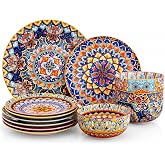 12-Piece Bohemian Porcelain Dinnerware Set for 4, Colorful Plates &amp; Bowls | Ceramic Dish Set for Kitchen, Scratch Resistant, Microwave &amp; Dishwasher, Decorative Tableware for Wall Decor &amp; Housewarming