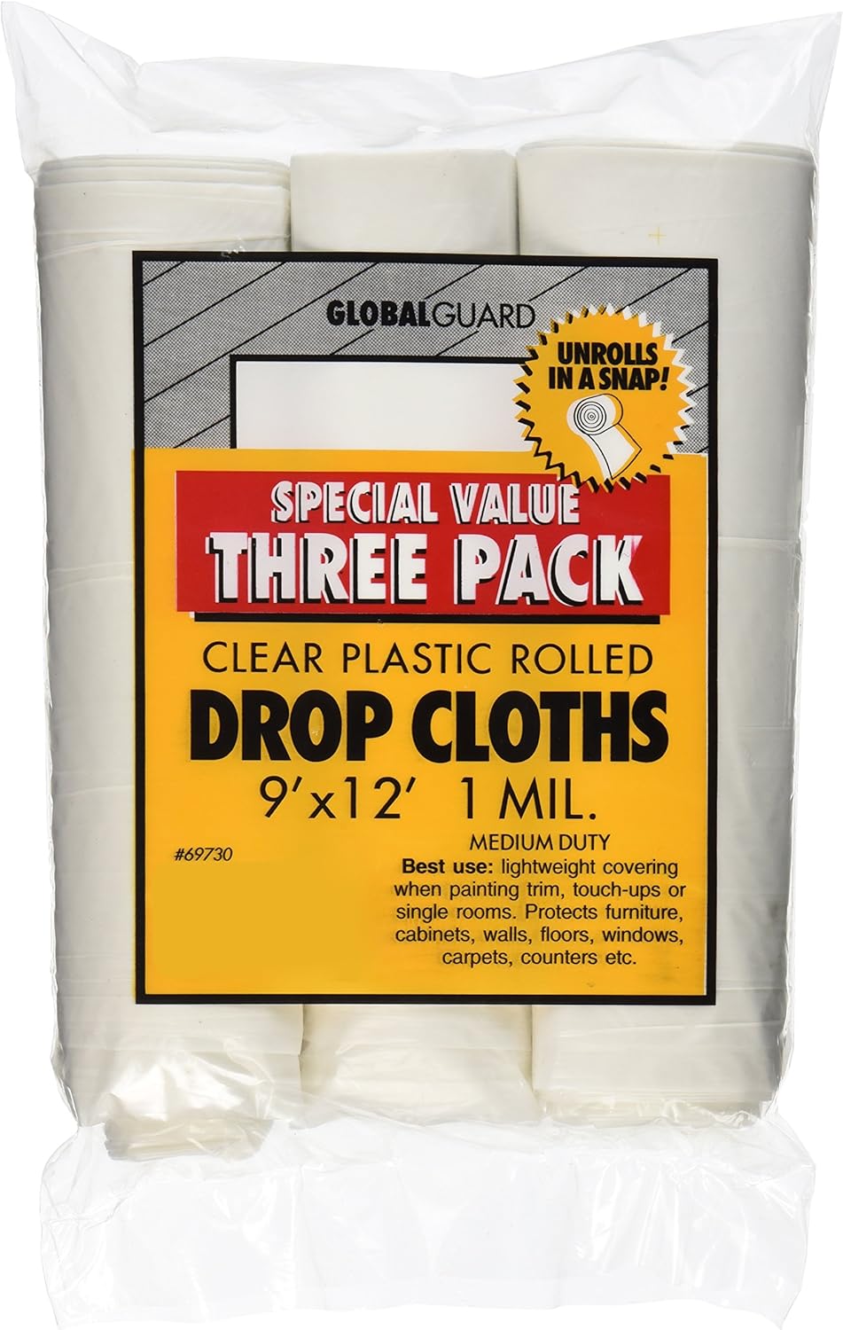 Premier 9' x 12' 1 MIL Clear Plastic Drop Cloth Rolled, 3 Pack, 69730 - Paint Drop Cloths - 