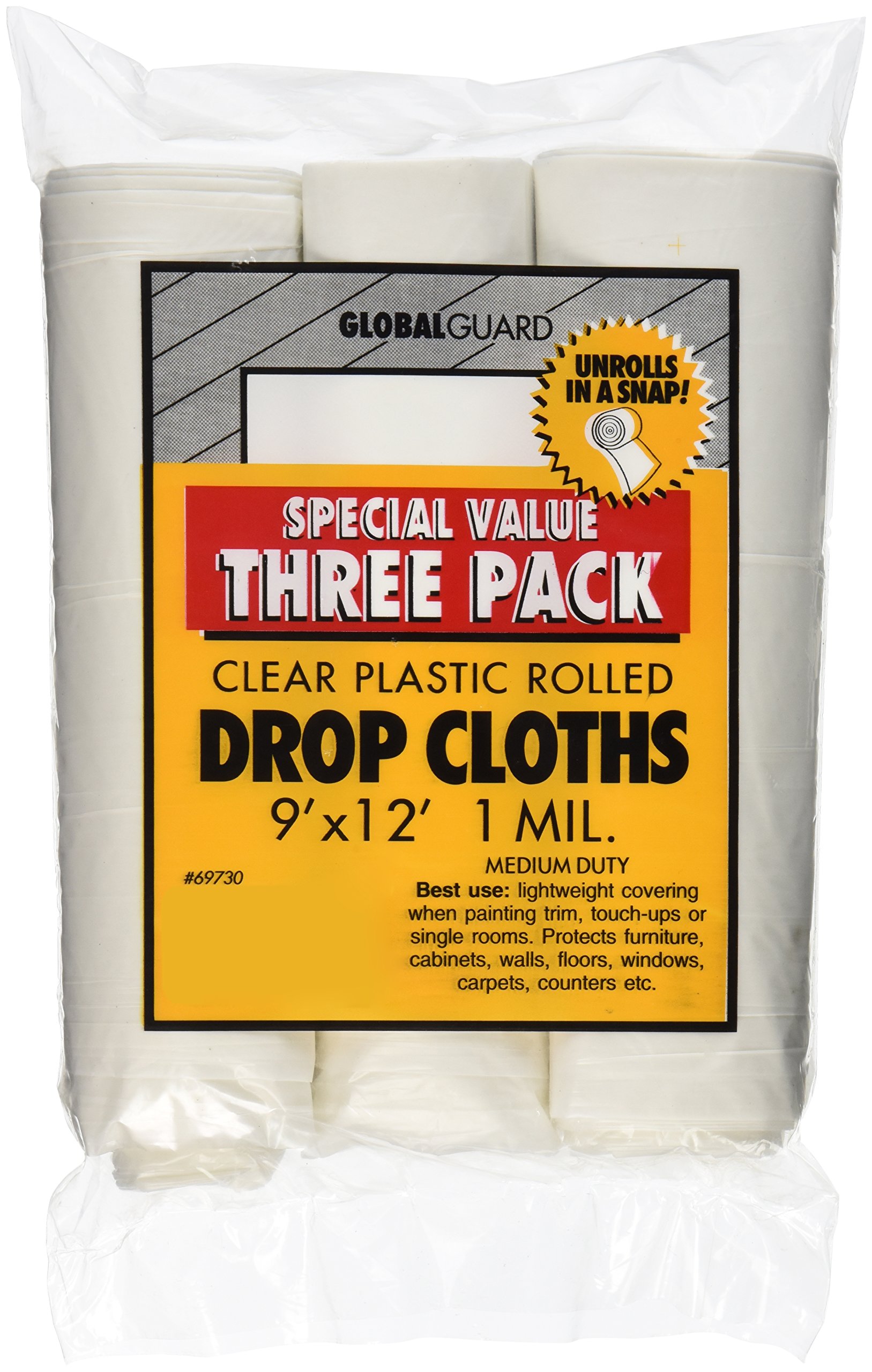 Premier 9' x 12' 1 MIL Clear Plastic Drop Cloth Rolled, 3 Pack, 69730