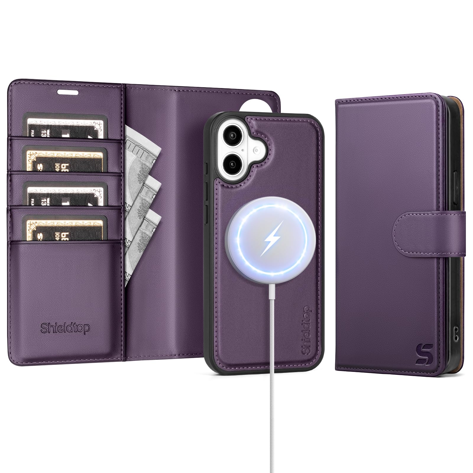 Shieldtop Compatible with Magsafe Magnetic 2 in 1 Detachable iPhone 17 Wallet Case with Card Holder Credit Slots Men Women,PU Leather RFID Blocking Flip Kickstand for Apple 17 6.3",Dark Purple