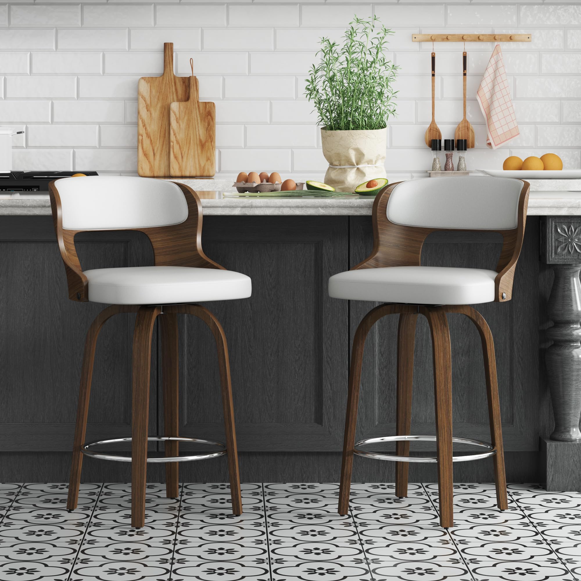 Photo 1 of MAGEXIMA Swivel Bar Stool Set of 2, 26” Bar Stools with Backrest and Walnut Legs, Mid-Century Modern Bar Stools Island Bar Stools for Kitchen Counter, Dining Room (White-PU)