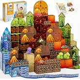 TOY Life Dinosaur Magnetic Tiles, 79-Piece Lava STEM Set, Ages 3-8 | 5 figures, volcano scenery, translucent ABS pieces, storytelling and group play