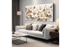 JuhaiArt Large Floral Wall Decor 3D Flower White Wall Art Elegant Gold Canvas Decor for Bedroom Living Room Office Picture Artwork 29" x 59"