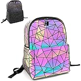 CAFINY Geometric Women's Backpack Geometries Glow Large Iridescent Backpack Geometrical Luminous Bag Holographic Travel Bags Retro Daypack for Casual, College, Work