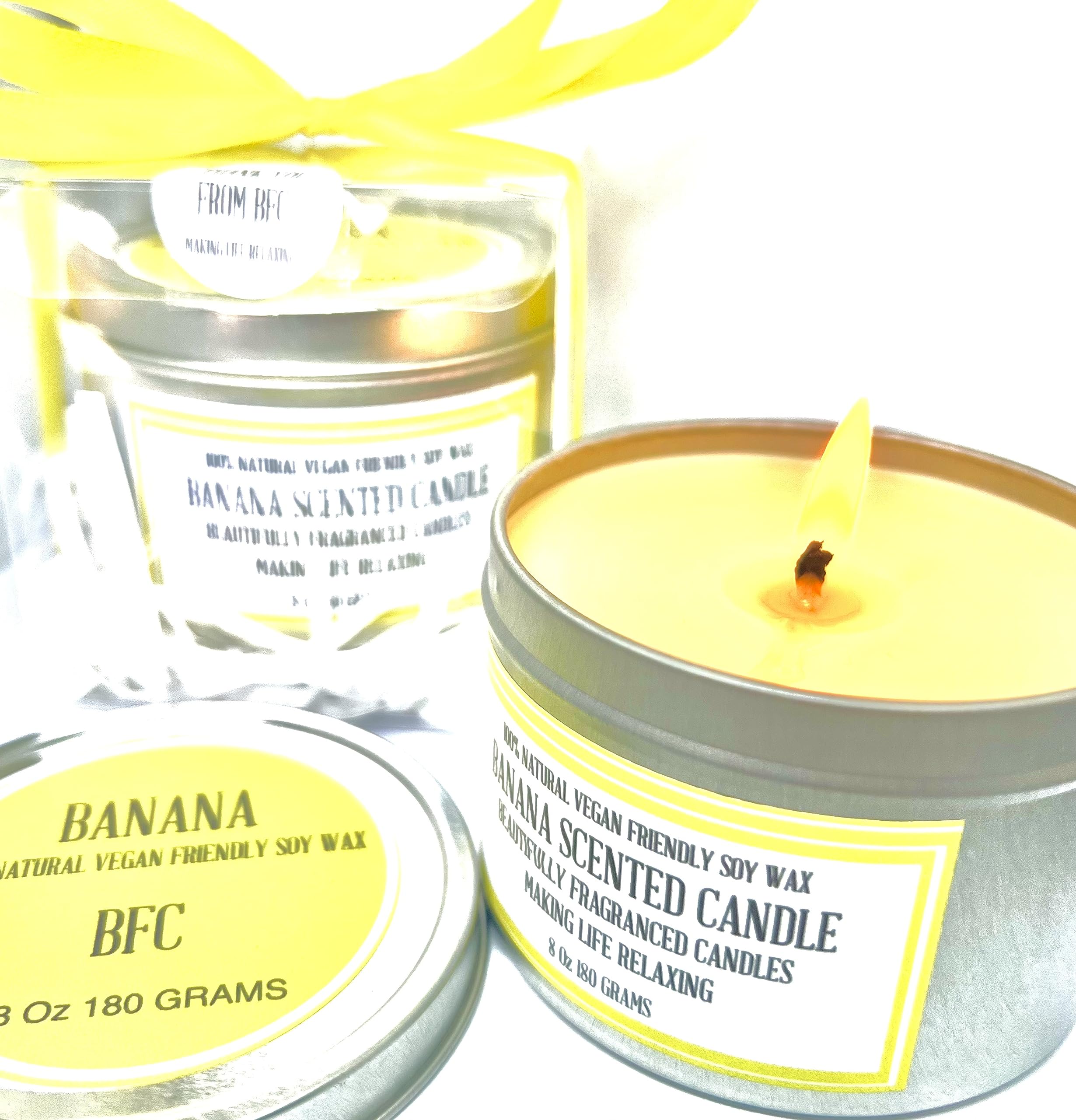 Banana Scented Soy Wax Candle - Handmade BY BFC - Banana Scented 36 Hours Burn Time 8 Oz 180 Grams Soy Wax Candle Silver Brush Finish Tin. Candle Shipping on 48 Hour Tracked Service