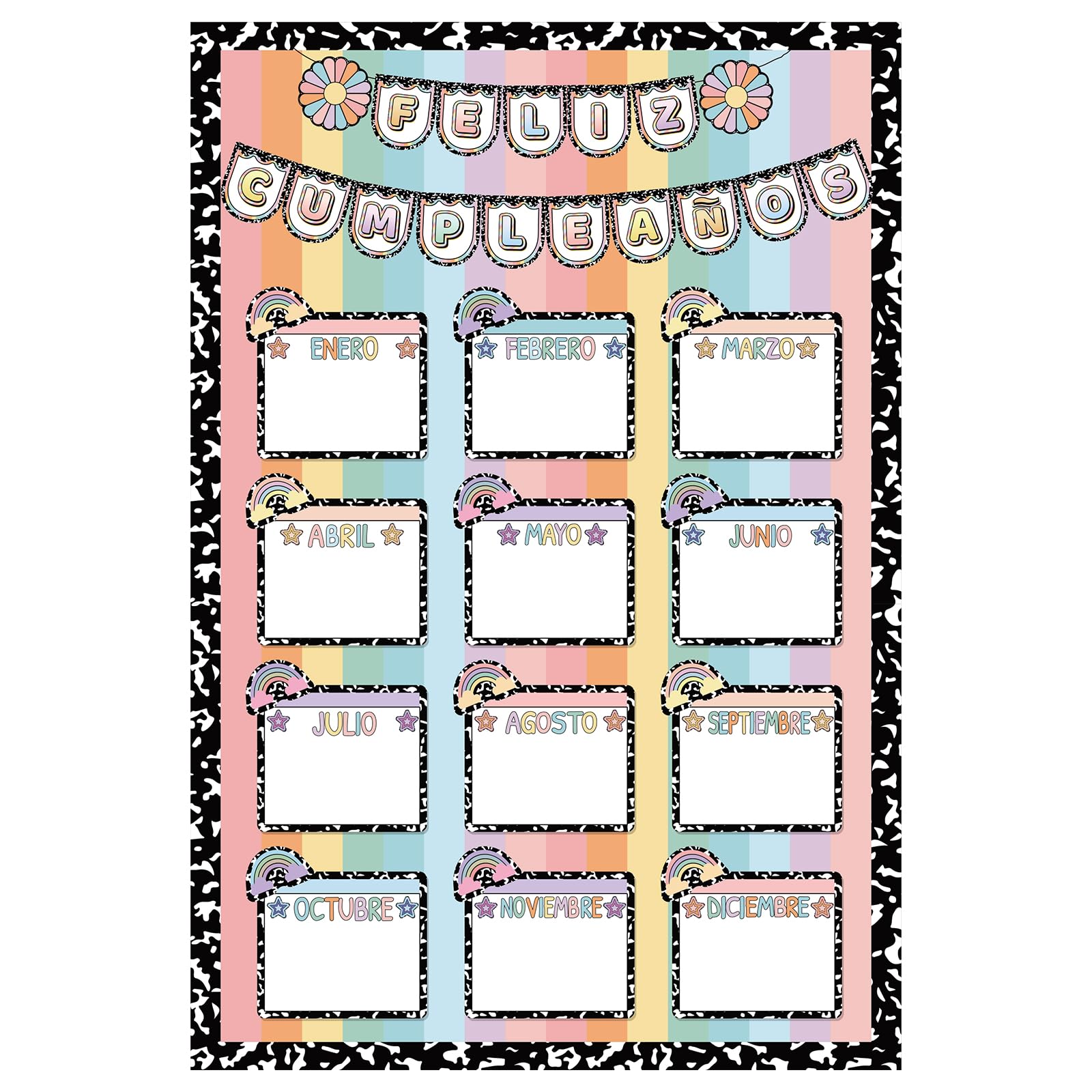 Photo 1 of Spanish Classroom Decor Composition Notebook Birthday Chart for Classroom Calendar Poster Bulletin Board Set Rainbow Birthday Wall Decor for Teacher Back to School Pre-k Language Learning Supplies