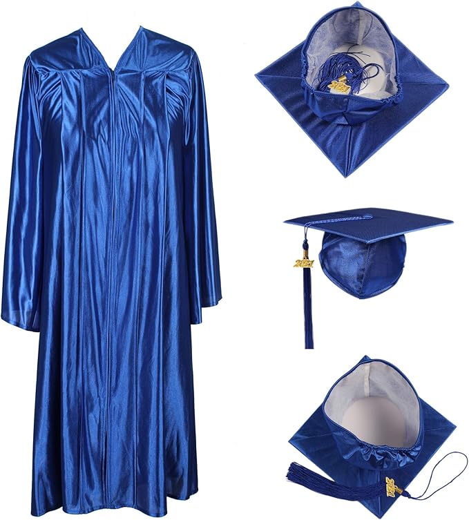 Shiny Graduation Cap and Gown, 2021+2020 Tassel-Royal Blue-48”(5’3”-5’5