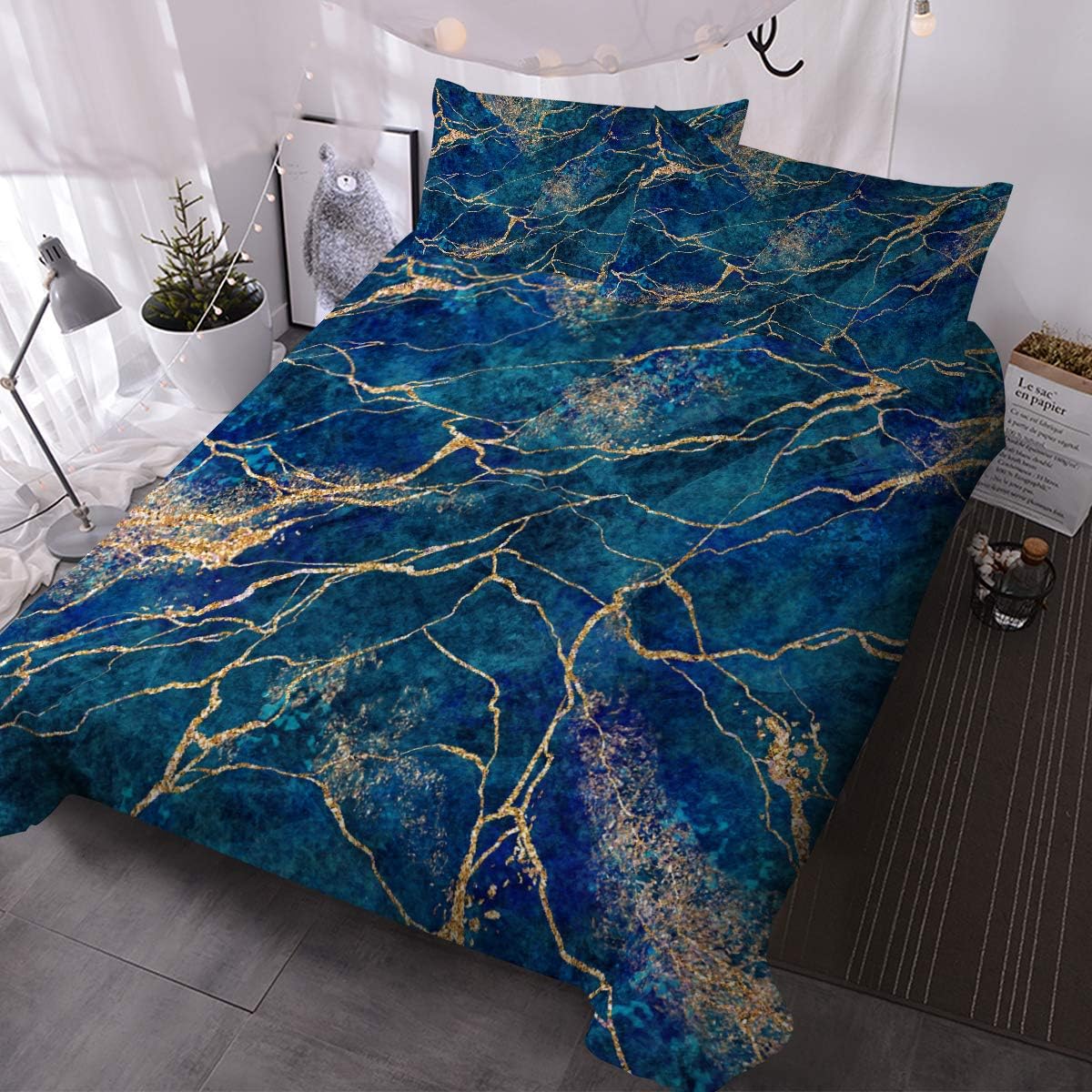 BlessLiving Bedding Duvet Cover Set Blue Marble Gold