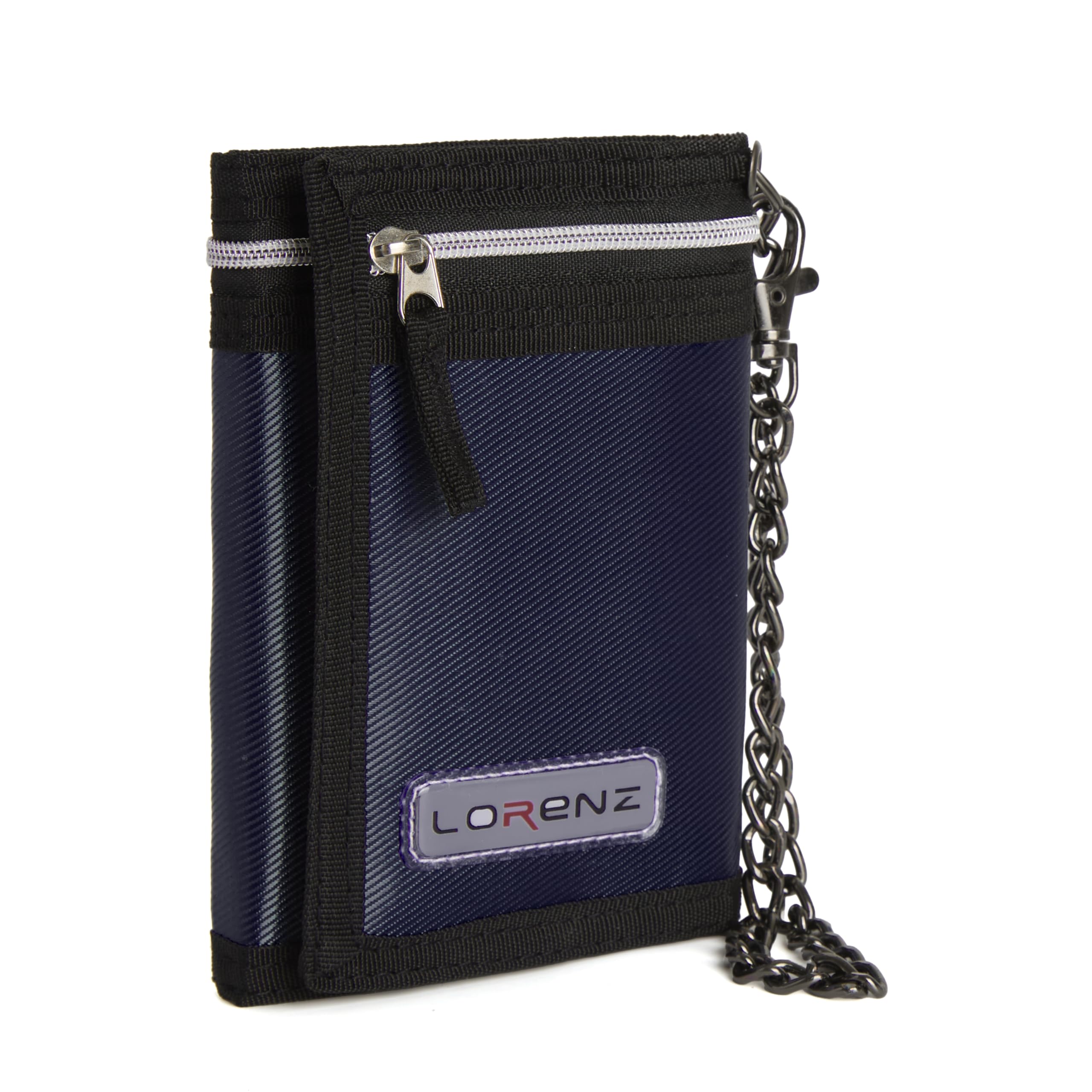 Woodland Leathers Sports Wallets for Boys, Trifold Men Canvas Wallet with Coin Pocket and Credit Card Holder, Waterproof Teenagers Folder Wallet with Chain, Hook or Classic (with Chain, Navy)