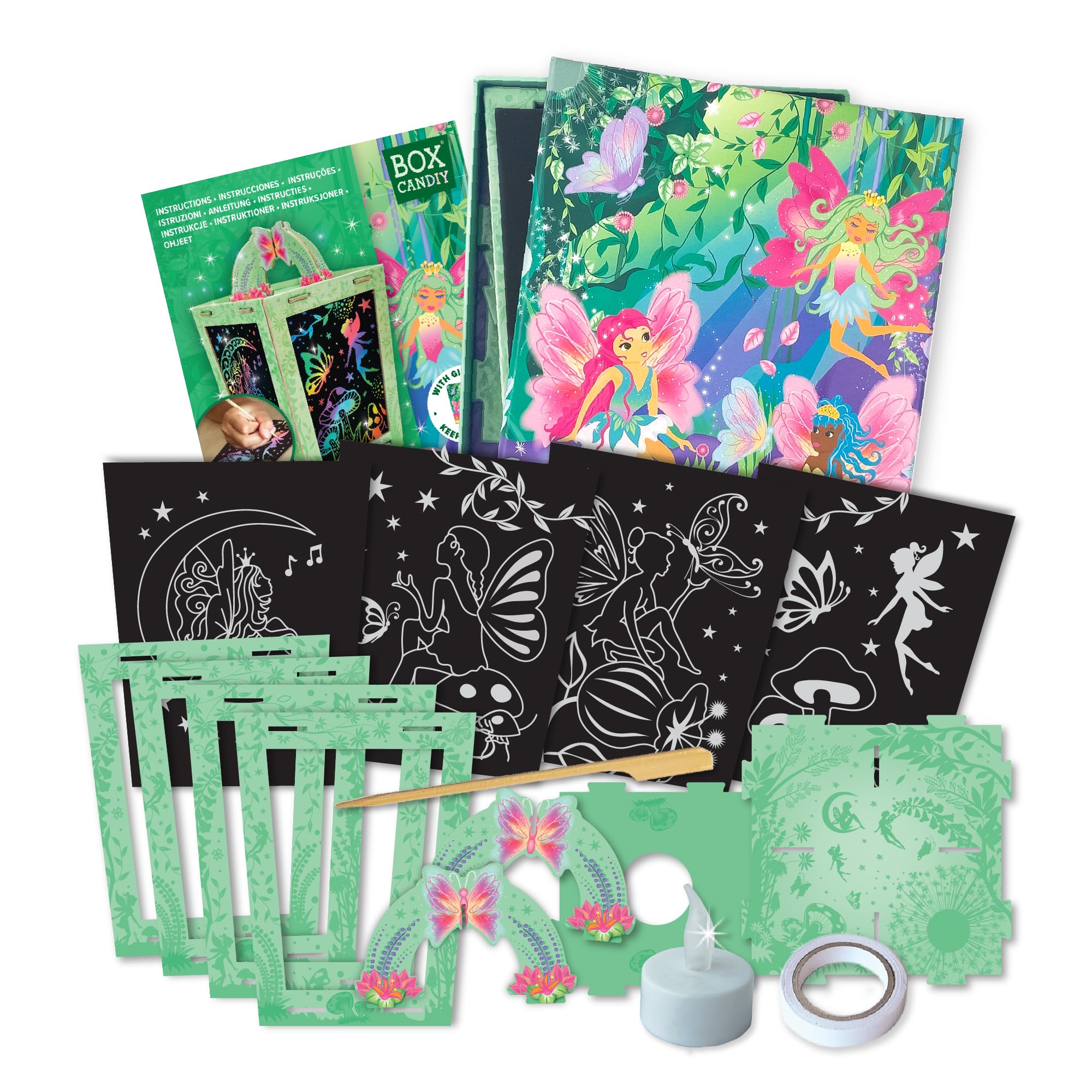 BOX CANDIY Scratch Art Lantern Craft Kit for Kids | 4 PVC Scratch Sheets, Scratch Stick, 3D Lantern with 9 Cardboard Pieces, LED Candle (No Battery), Double-Sided Tape & Storage Box – Fairy Theme