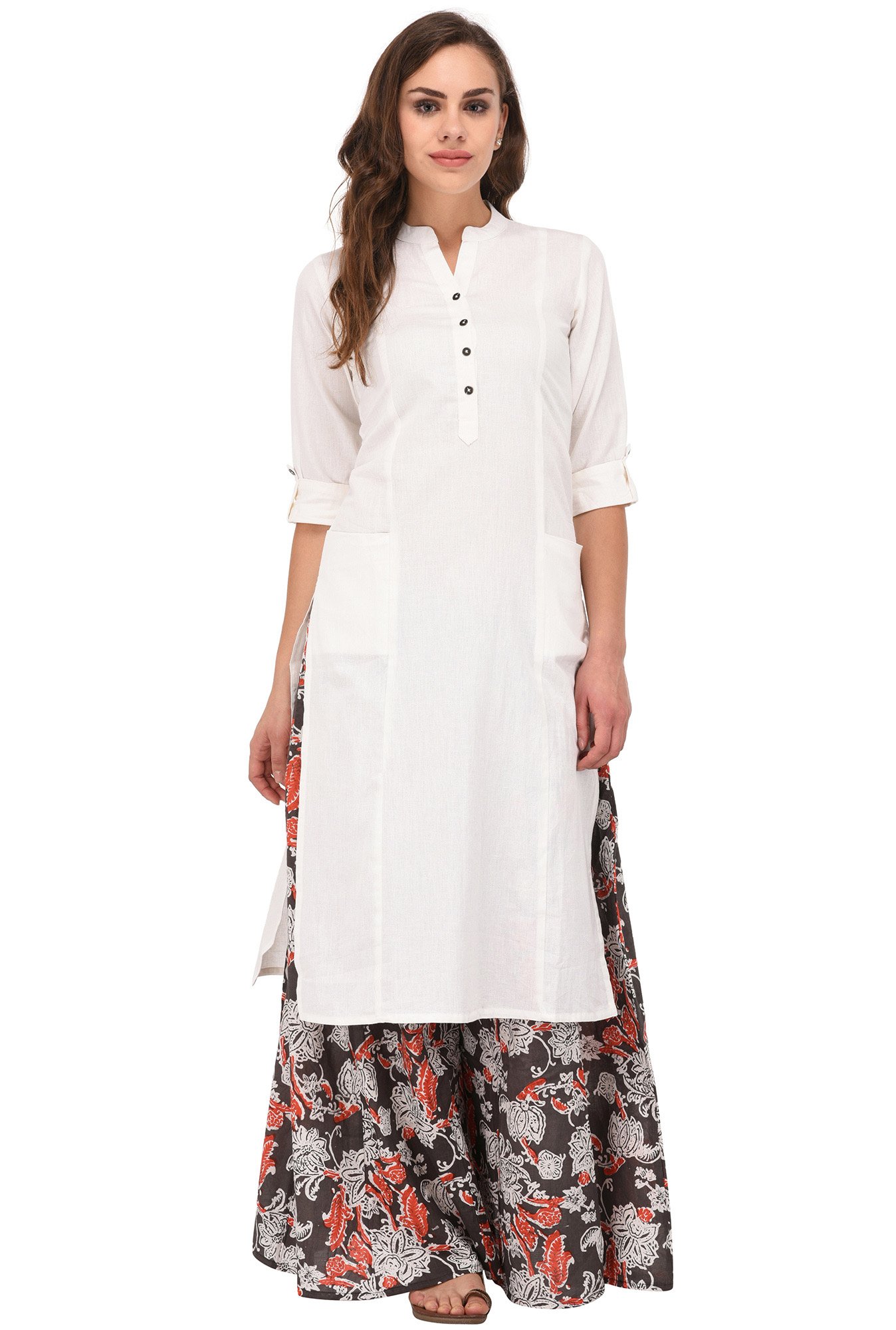 Pistaa's Women's White Solid Cotton Kurta with Two Patch Pockets & Plus Size