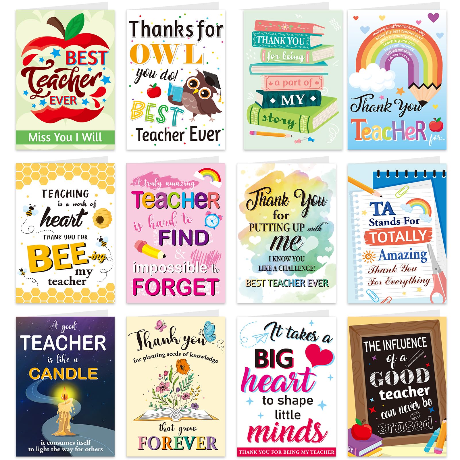 HOWAF 12 Pack Thank You Teacher Cards, Teacher Thank You Cards, Thank You Greeting Cards Teacher Gifts Teaching Assistant Nursery Teacher Leaving Gifts Best Teacher Cards with Envelopes, Stickers