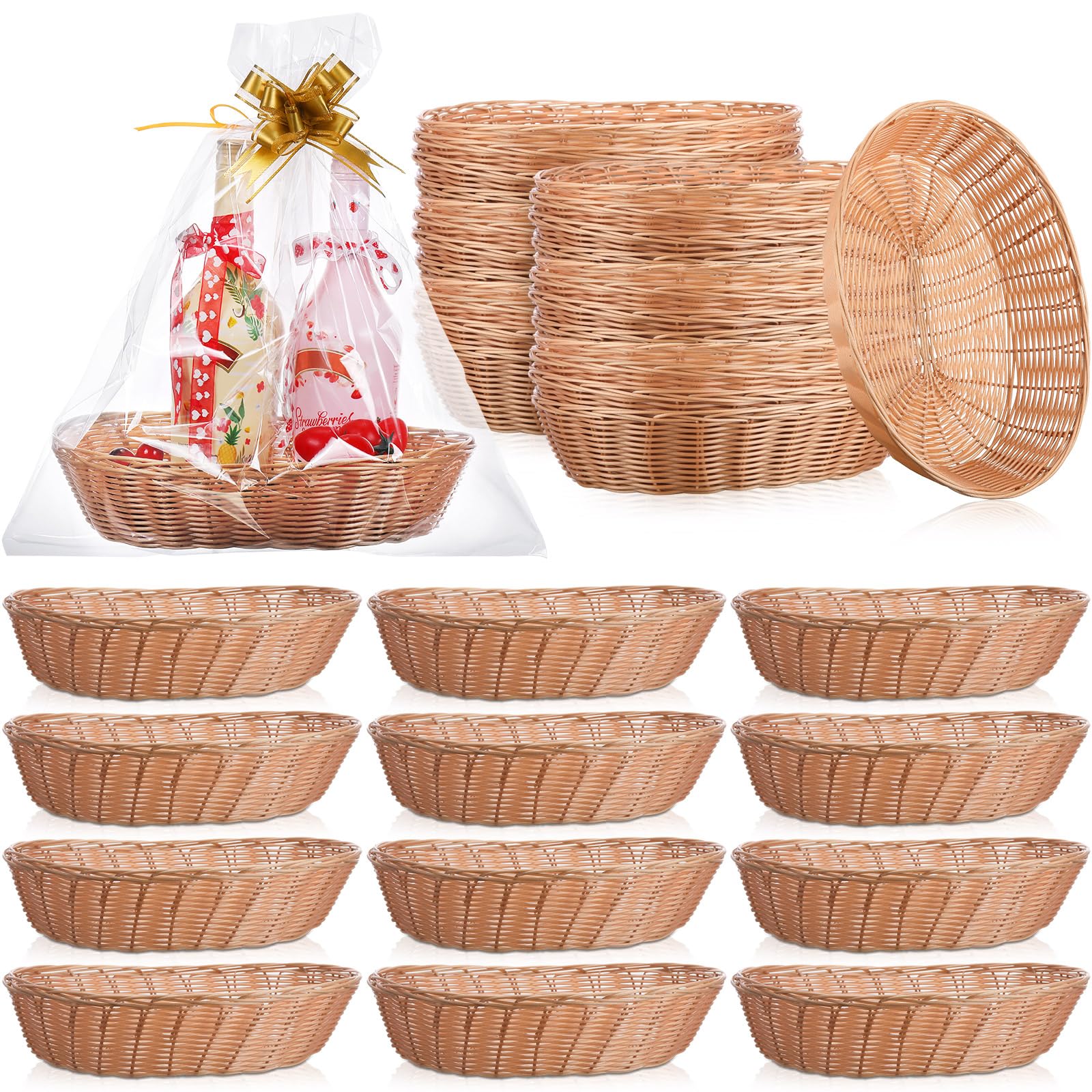 Photo 1 of 84 Pcs Baskets for Gifts Empty, Large Empty to Fill Food Storage Oval Basket with Clear Wrap Bag and Bow for Wedding Birthday Thanksgiving Christmas Holiday, 12.6 x 9.5 x 3.2 Inches