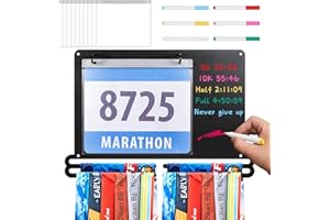 Moxweyeni Race Medal Display, Wall Mounted Medal Hanger with Chalkboard Marker Running Bib and Medal Holder Hanging Medal Rack Display Square Shape Medal Holders with Bib Holder