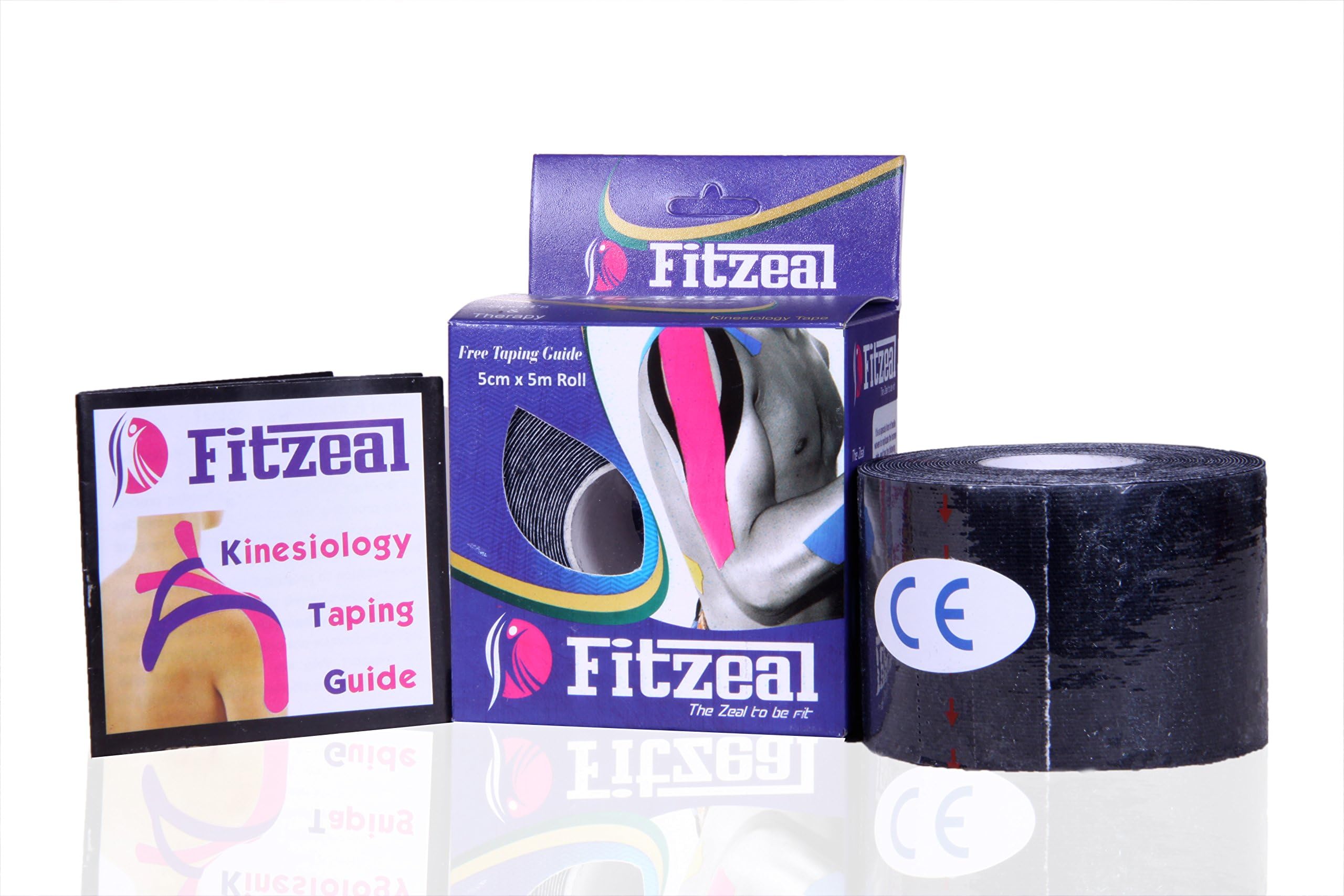 Fitzeal Waterproof Breathable Adhesive Kinesiology Tapes with Physical Kinesio Taping Guide for Athletic Sports and Physiotherapy for Shoulder, Knee, Elbow, Ankle, Muscle Injury (Black)