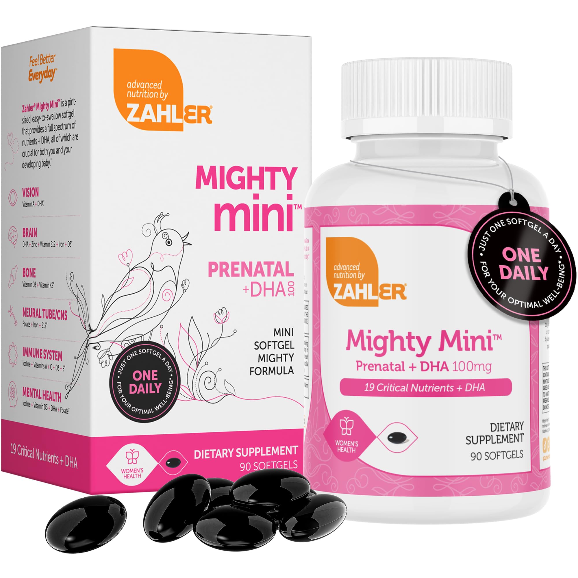 Zahler Mighty Mini Prenatal Vitamin with DHA & Folate - Certified Kosher - All Natural Prenatal Vitamins - Multivitamin for Pregnant Women - 19 Prenatal Vitamins Including Folic Acid (90 Softgels)