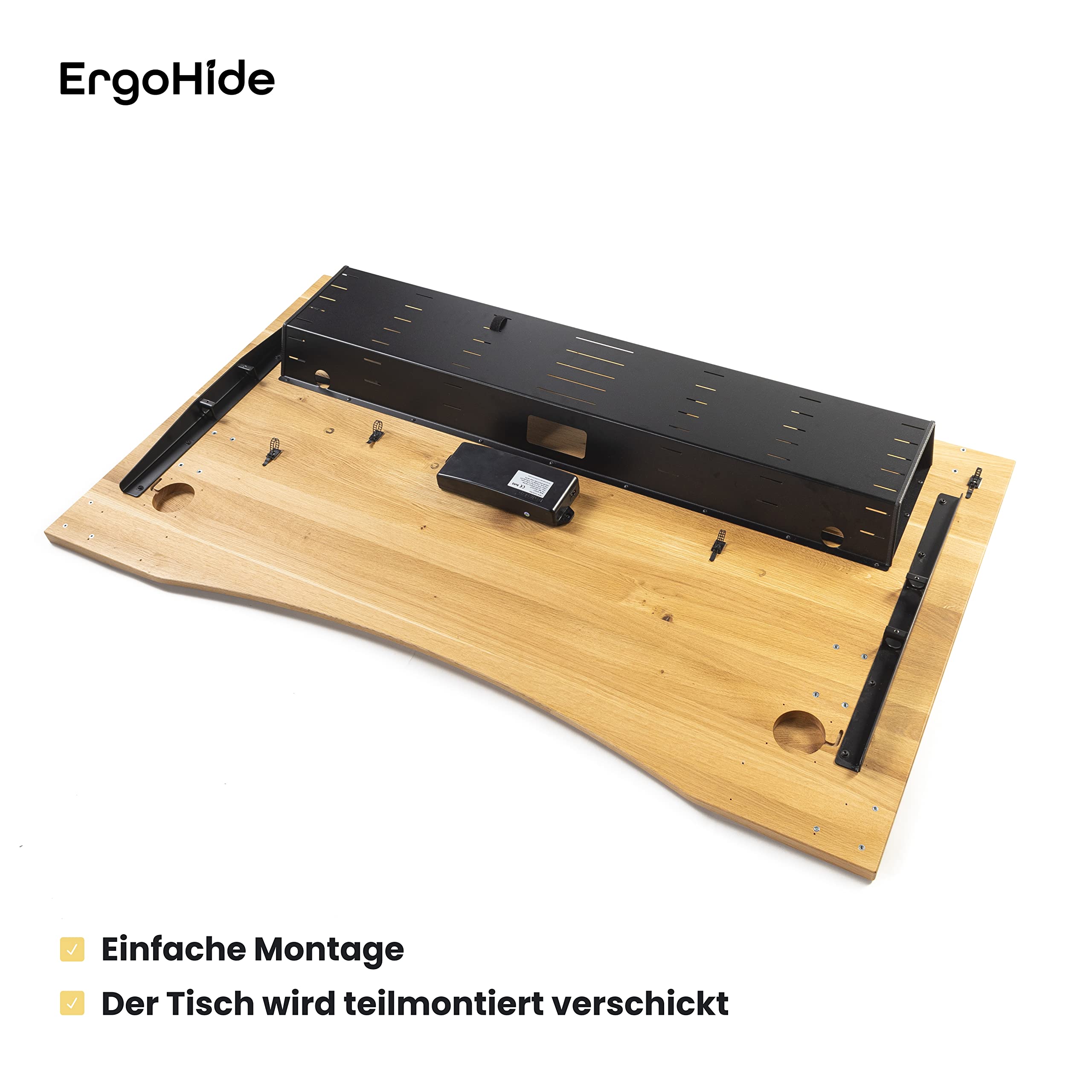 ErgoHide® Höhenverstellbarer Schreibtisch aus Massivholz mit erweitertem Kabelmanagement/Kabelkanal (Eiche, Schwarz, Ergonomisch, 150x80cm) 6