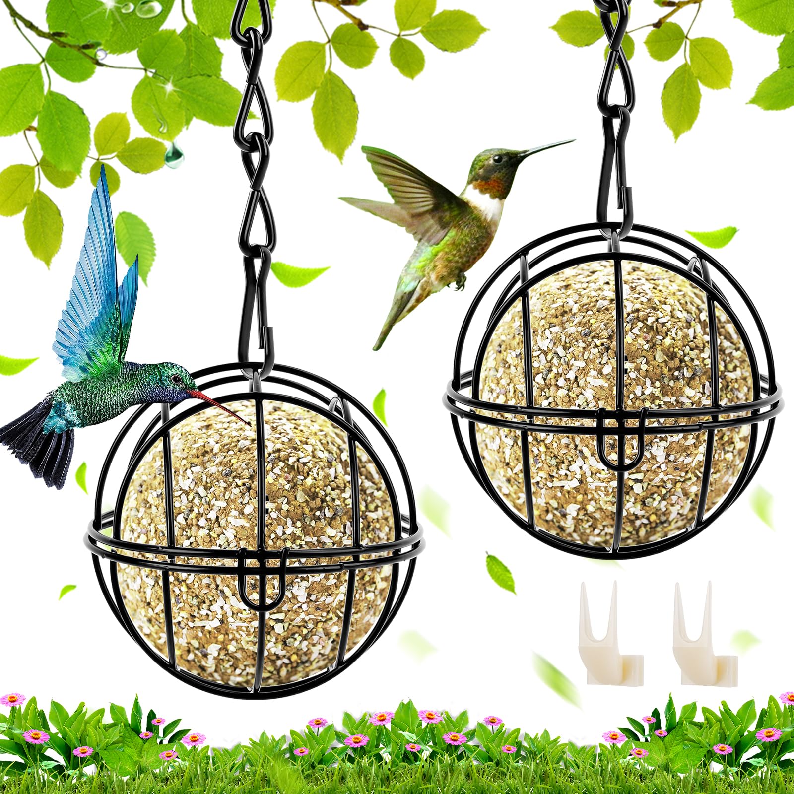 Fat Ball Feeder, 2 Pcs Black Hanging Bird Feeder, Metal Fat Ball Bird Holder With 2 S-shaped Hooks and 2 Plastic Fruit Fork, Fat Ball Feeders for Outdoor Garden Wildlife Birds Finch Sparrow Robin