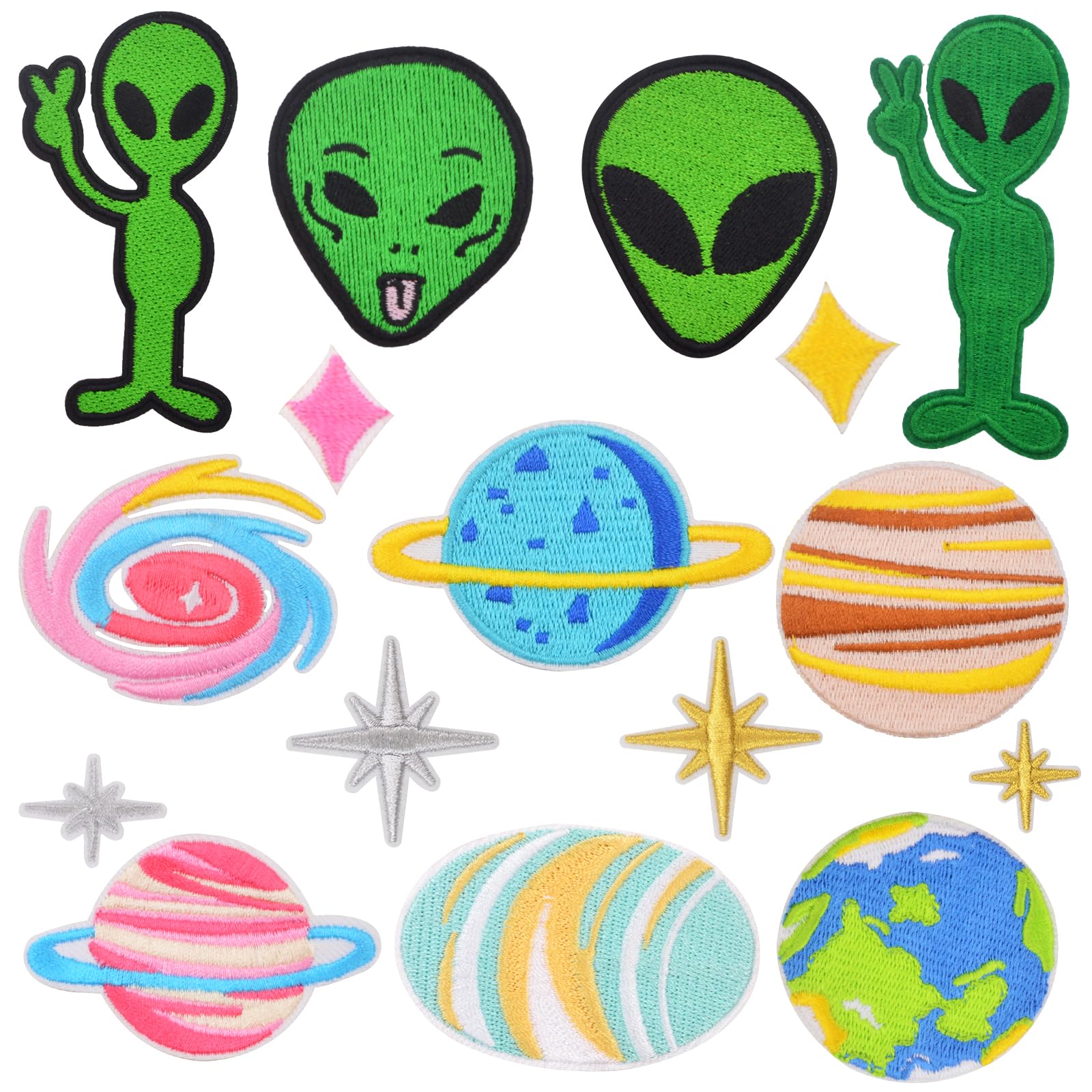 Photo 1 of 16PCS Solar System Space Patches - Funny Alien & Planet Iron-On/Sew-On Appliques for DIY Clothes, Hats, Jackets, Backpacks - Embroidered Repair Decoration (Green UFO Theme)